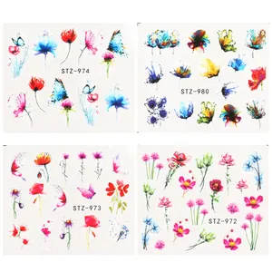 Adesivi per unghie ad acqua con fiori acquerello colorati e farfalle decorative