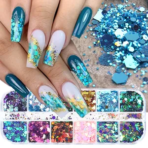 12-delige kameleon zeshoekige nagelglitter set in een transparante verpakking