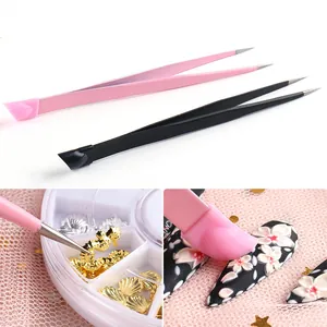 Pince à épiler Professionnelle pour Nail Art à Double Tête en Acier Inoxydable Outil de Précision Avec Tête de Pression en Silicone pour Strass Autocollants