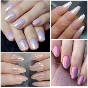 Makro-Detail der Chrome-Aurora-Nagelpulvereffekte auf verschiedenen Nagelformen und -spitzen