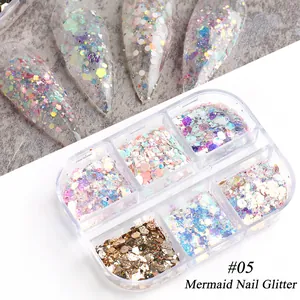Irregular mermaid nail glitter sequins in 6-grid box with heart and star shapes