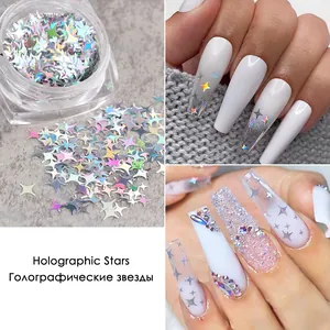 Holographic star nail sequins in round jars for manicures and creative DIY crafts