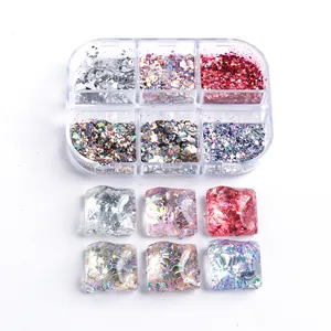 6-grid nail glitter set with iridescent sequins and 3D resin sample display cards