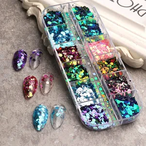 12-vaks nagelkunst glittersset met zeshoekige pailletten en kleurrijke laser schilfers
