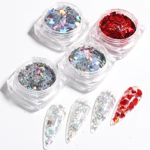 Holographic nail art sequins set featuring heart, star, and butterfly shapes in four jars