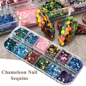 12-delige set kameleon nagel glitter met hexagonale laser pailletten voor nail art design