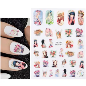 Dettaglio degli adesivi per unghie CA-710 con motivi di ragazze anime e fiori colorati