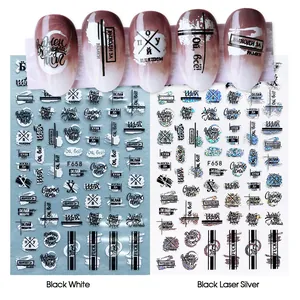 3D Russian letters and geometric lines nail art decals in black and laser silver finish
