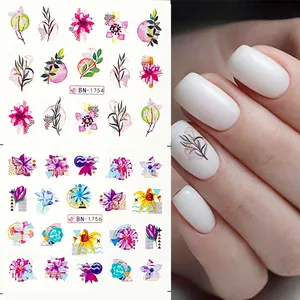 Watercolour floral nail art stickers set with colorful leaves and blooming flower patterns