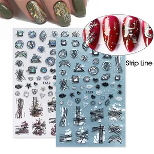 Close-up of F659 3D nail art stickers with abstract lines and geometric shapes