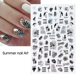 3D tropical nail art stickers featuring flamingos and palm leaves for summer manicure