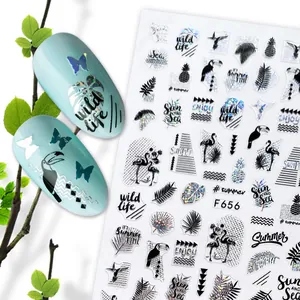 3D tropical nail art stickers featuring black laser silver palm leaves and flamingos