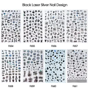 8-piece 3D nail sticker set with black and laser silver leaf geometric designs