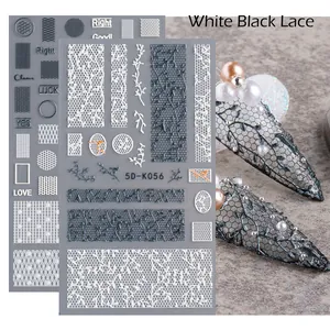 5D embossed nail art stickers with black and white lace floral patterns and 5D-K056 design