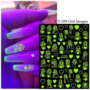 Autocollants à ongles lumineux avec dessins de visages vert néon et motifs de coeurs