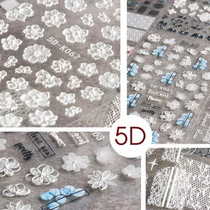 5D embossed nail art stickers with white lace flowers and 3D textured floral designs