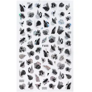 3D tropical leaf and flamingo nail art stickers F655 with black and white line patterns