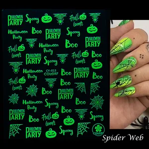 Glow in the dark Halloween nail stickers featuring spiders and pumpkin designs