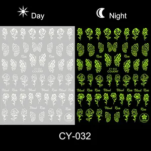 Autocollants à ongles lumineux avec motifs de papillons et roses en vert fluorescent