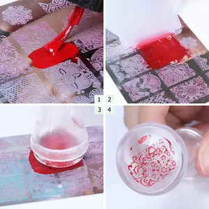 Dettagli del kit stamping per unghie con piastra floreale e timbro in silicone trasparente