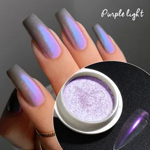 Macro shot of purple aurora chrome nail powder with iridescent mirror effect finish