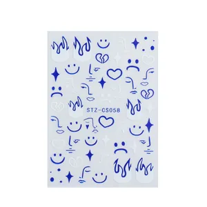 Blue flame and skull nail art stickers sheet with abstract faces style STZ-CS058