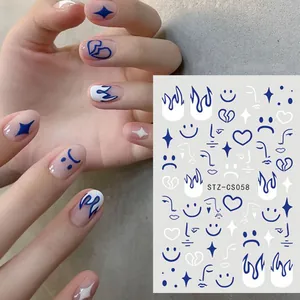 Blue flame and graffiti nail art stickers with face patterns, model STZ-CS058