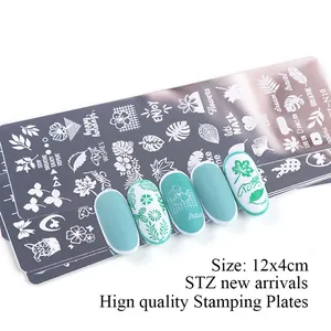 Piastre per stamping unghie con motivi floreali e foglie tropicali con esempi