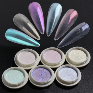 Set of 6 solid aurora nail powders with iridescent mermaid mirror effect on almond tips