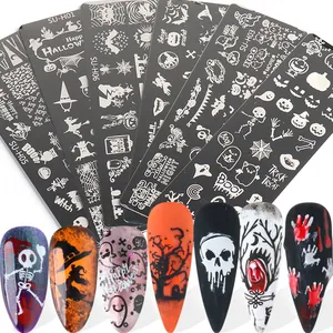Edelstahl Nagel Stempelplatten Kollektion Halloween Weihnachten Schneeflocke Kürbis Skelett DIY Nagel Kunst Deko Vorlagen