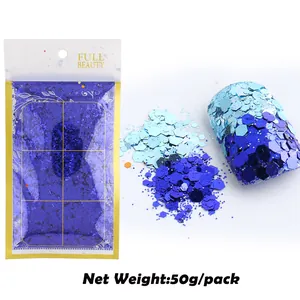 Mix di glitter blu esagonali a sirena in confezione da 50g per nail art con sfumature