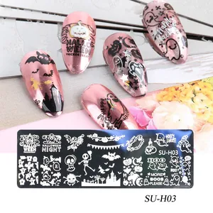 Macro della piastra per timbri nail art Halloween SU-H03 con motivi di zucca e teschi
