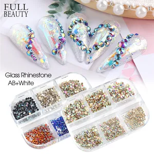 12-grid box of flatback AB and white glass rhinestones for DIY nail art decoration