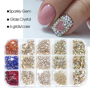 Detailed view of colorful multi-faceted AB glass crystals for DIY nail art in storage case