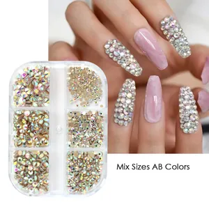 Detail of mixed sizes AB glass flatback rhinestones for nail art in a 6-slot storage box