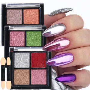 Macro view of 4-color solid mirror nail powder palette with high-shine metallic finish