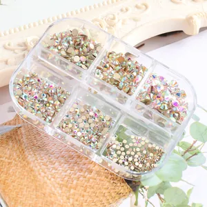 6-grid box set of AB iridescent flatback rhinestones for DIY nail art and craft decor