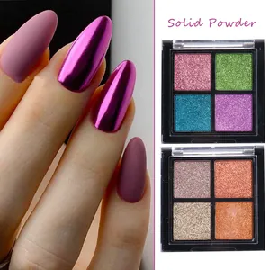 Detailed close-up of 4-color solid chrome nail powder palettes with metallic finish