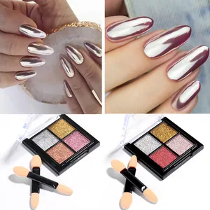 Detailed view of four-color solid mirror nail powder palettes with sponge applicators