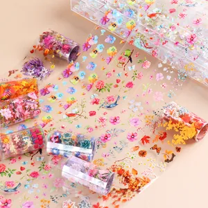 Detailed macro view of autumn maple leaves and floral nail art foil stickers set with case
