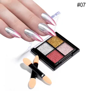 Macro detail of #07 four-color solid chrome nail powder palette with applicator brushes