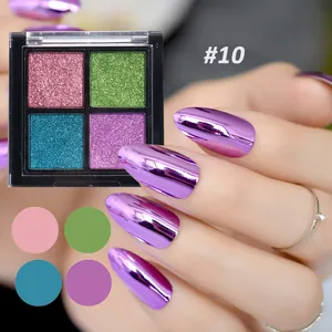 Close-up of four-color solid nail mirror powder palette #10 for aurora chrome effect