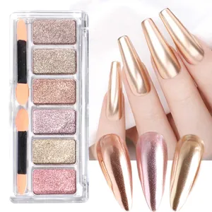 Detailopname van het 6-kleuren solide magic mirror nagelpoeder palet met chroomglans effect