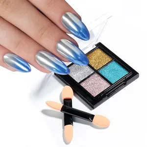 Four-color solid chrome nail powder palette with metallic aurora finish and applicator brushes