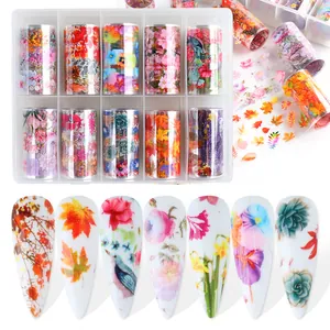 Autumn Maple Leaf Floral Nail Art Transfer Foil Set DIY Thanksgiving Lavender Flower Butterfly Nail Stickers With Storage Box Women