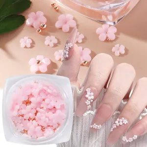 Detail of pink resin flowers and gold beads for nail art in a square storage case