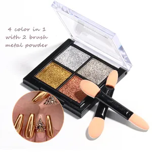 4-in-1 solid mirror nail powder palette with gold and silver metallic chrome pigments
