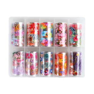 Nail art foil set with autumn maple leaf and floral designs in a 10-grid storage box