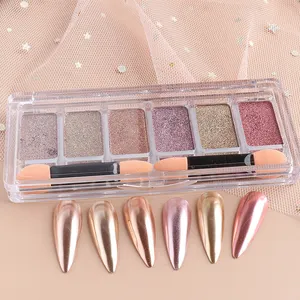 Detail van 6-kleuren solide mirror nagelpoeder palet met dubbelzijdige spons applicators