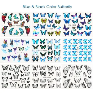Set di 9 adesivi per nail art a farfalla con motivi sfumati colorati blu nero e bianco